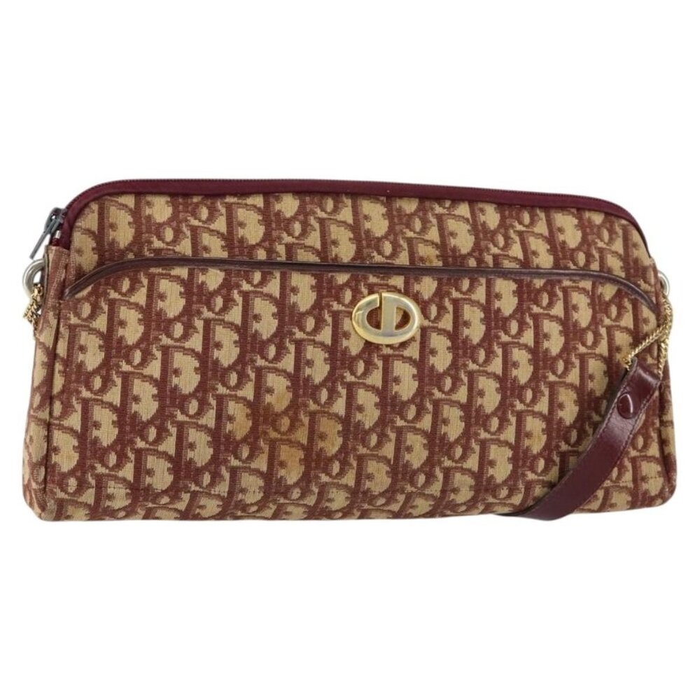 Authentic Christian Dior Trotter Canvas Shoulder Bag Red Gold